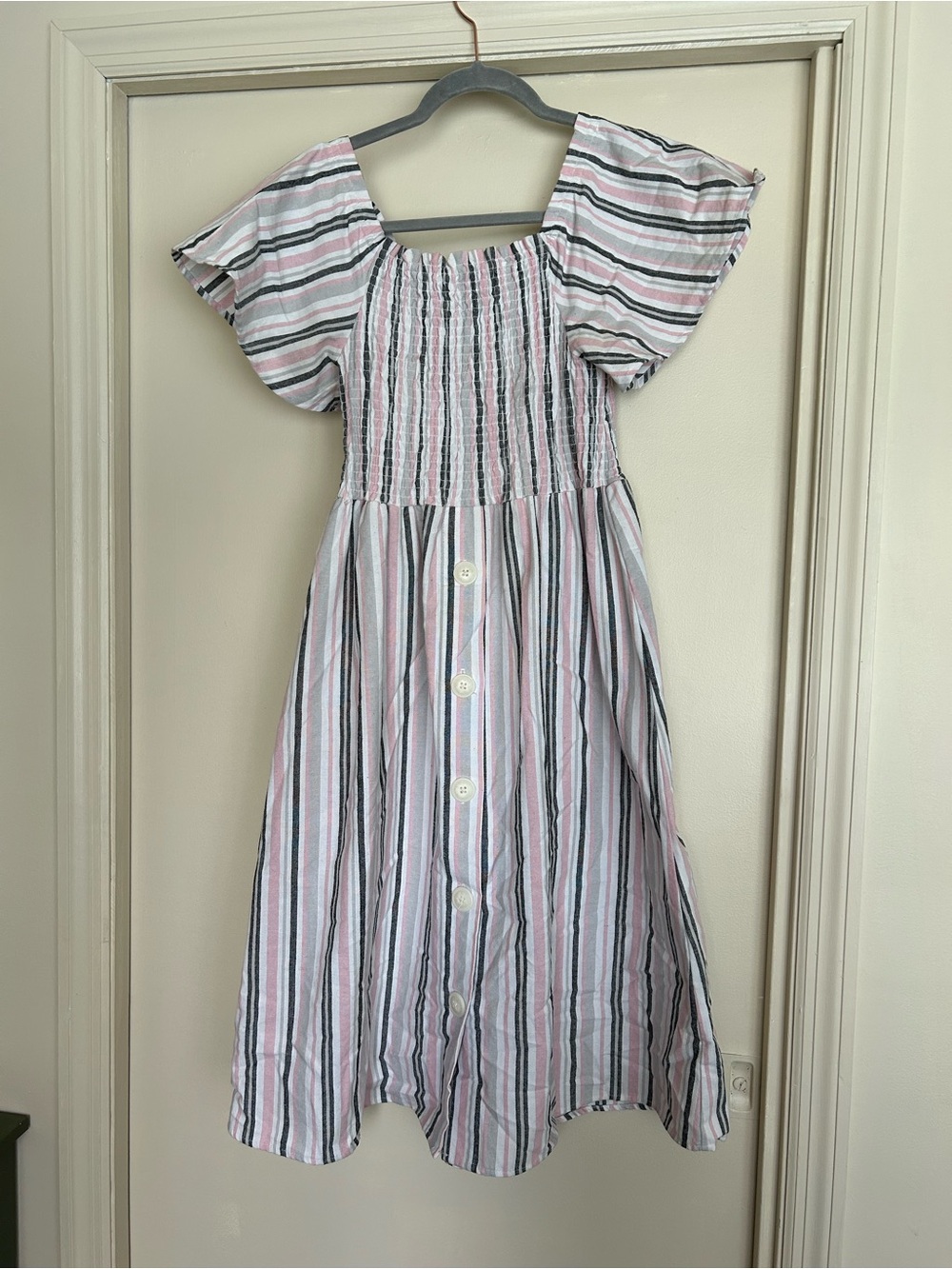 Pink and White and gray Striped Button-Front Dress linen